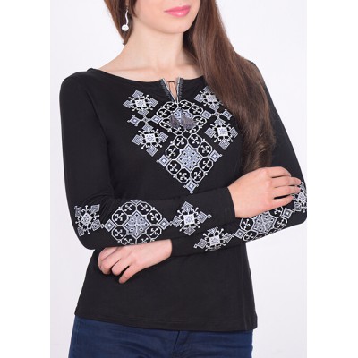 Embroidered t-shirt with long sleeves "Slavic Charm" white on black